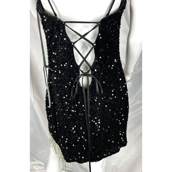 Black Sequined Mini Dress by Alyce Paris, Rhinestone Chains on Hem, Size 14, NWT - Picture 6 of 10